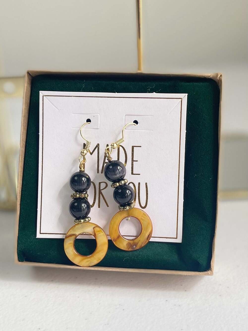Handmade by Fynn Black Cat's Eye Bead and Amber Ring Dangle Earrings